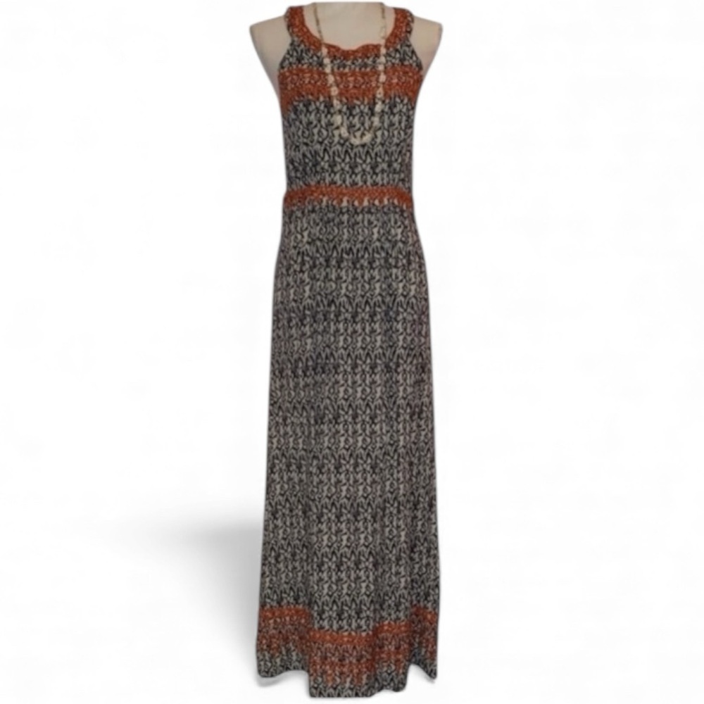 THML “Jameson” Embroidered Sleeveless Maxi Dress Black Ivory Orang Size Medium